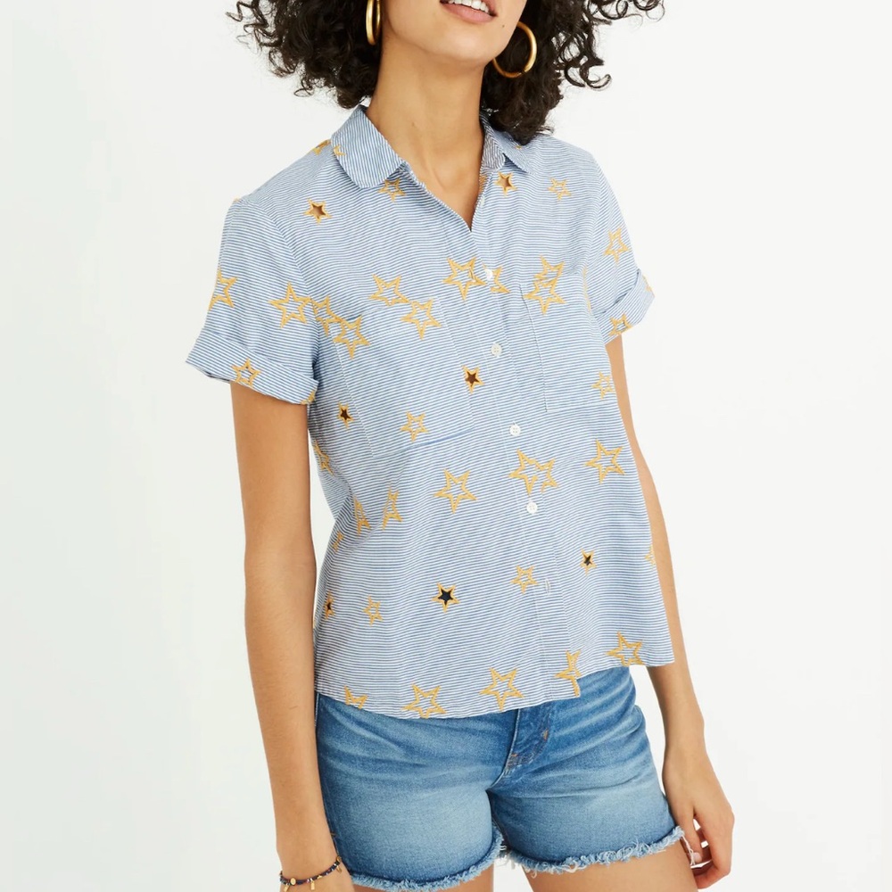 Madewell Light Blue Striped Star Print Short Sleeve Blouse